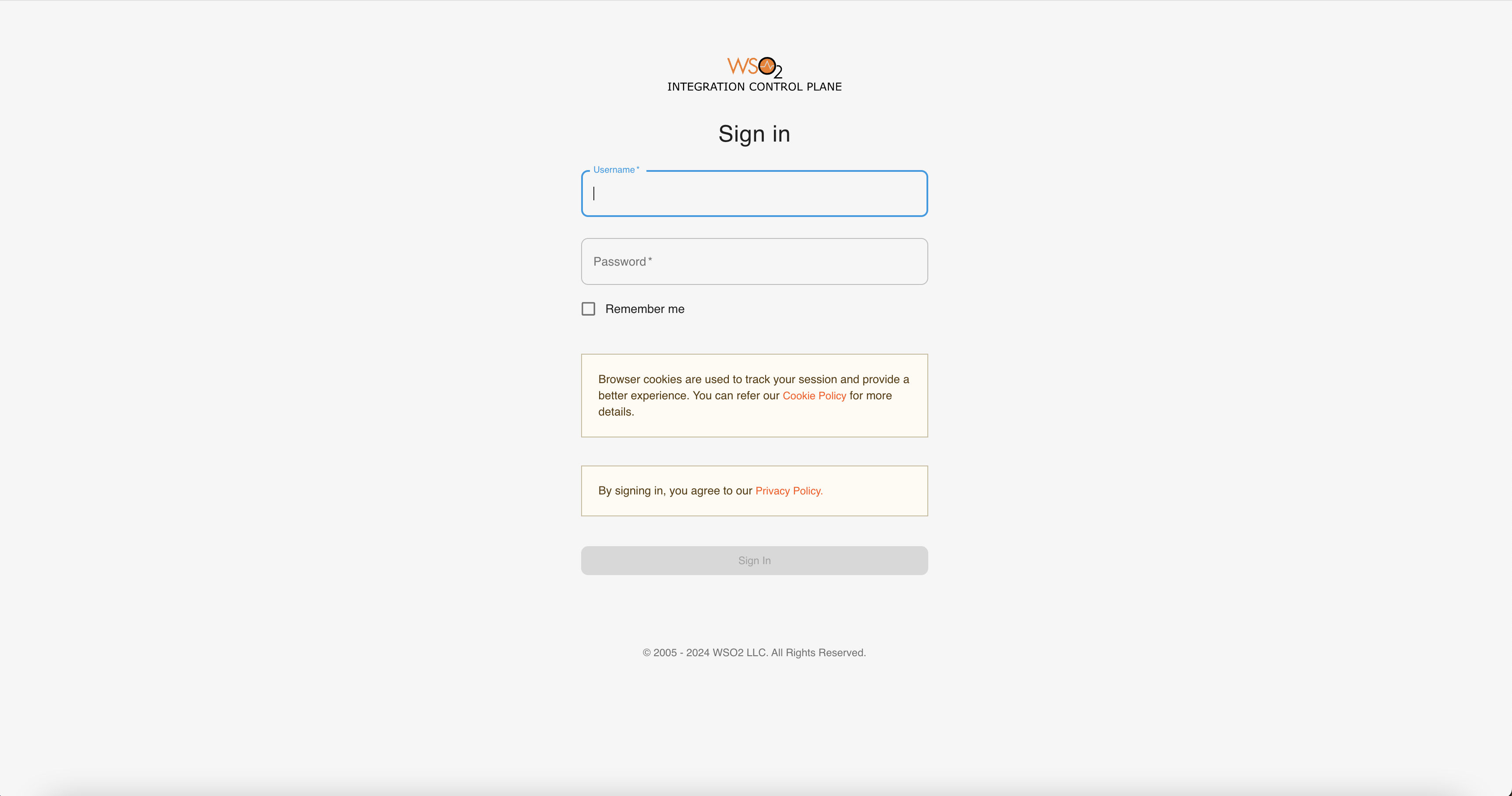 login form for integration control plane
